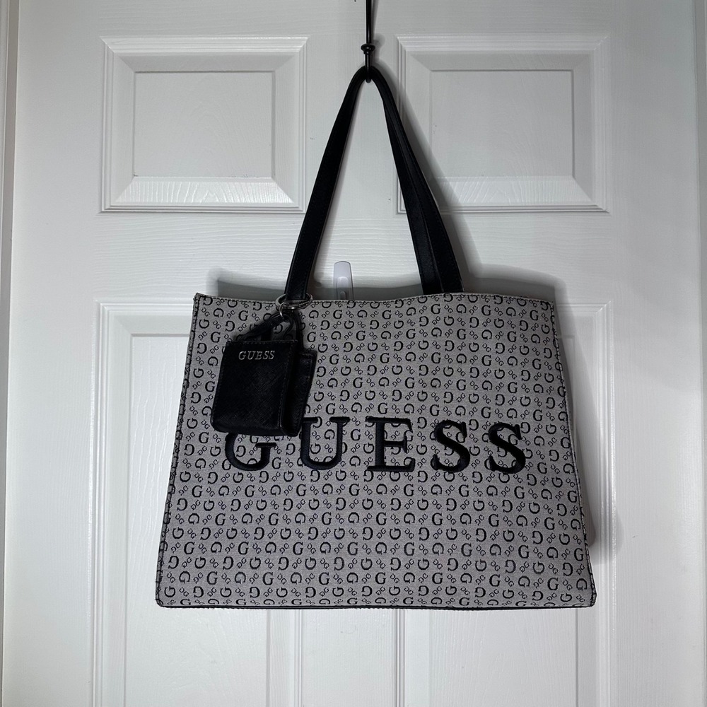 GUESS Tote Bag G Logo Print Black Straps With Matching Pouch